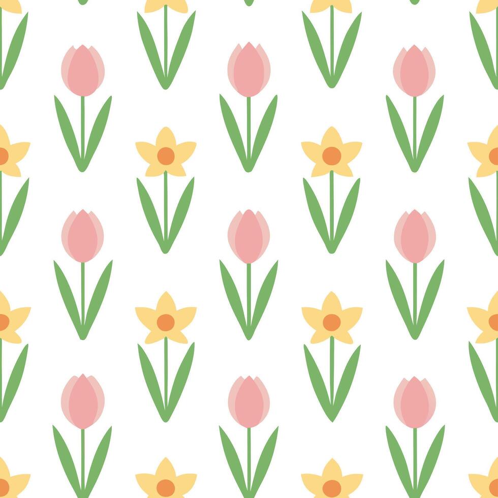 Spring pastel seamless pattern with tulips and daffodils for fresh lively spring spaces concept as Fresh tulips and daffodils arranged in seamless spring pastel patterns for a live Seamless Set vector