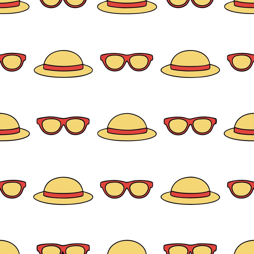 Cool summer seamless tile pattern with sunglasses and beach hats for stylish vacation spots concept as Sunglasses and beach hats in a seamless pattern for a stylish and fashionable Seamless Set vector
