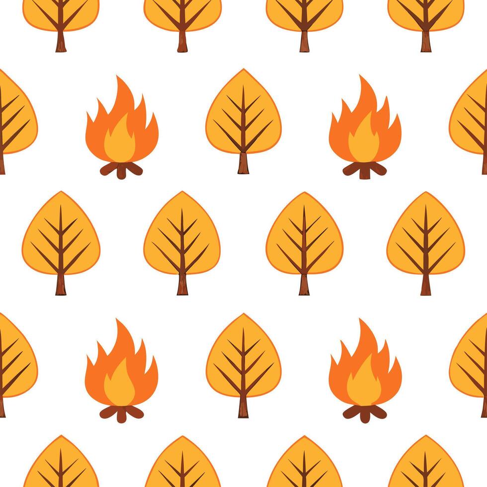 Autumn warmth seamless tile pattern with bonfires and autumn trees for cozy outdoor spaces concept as Bonfires and autumn trees arranged seamlessly to create cozy and warm outdoor Seamless Set vector