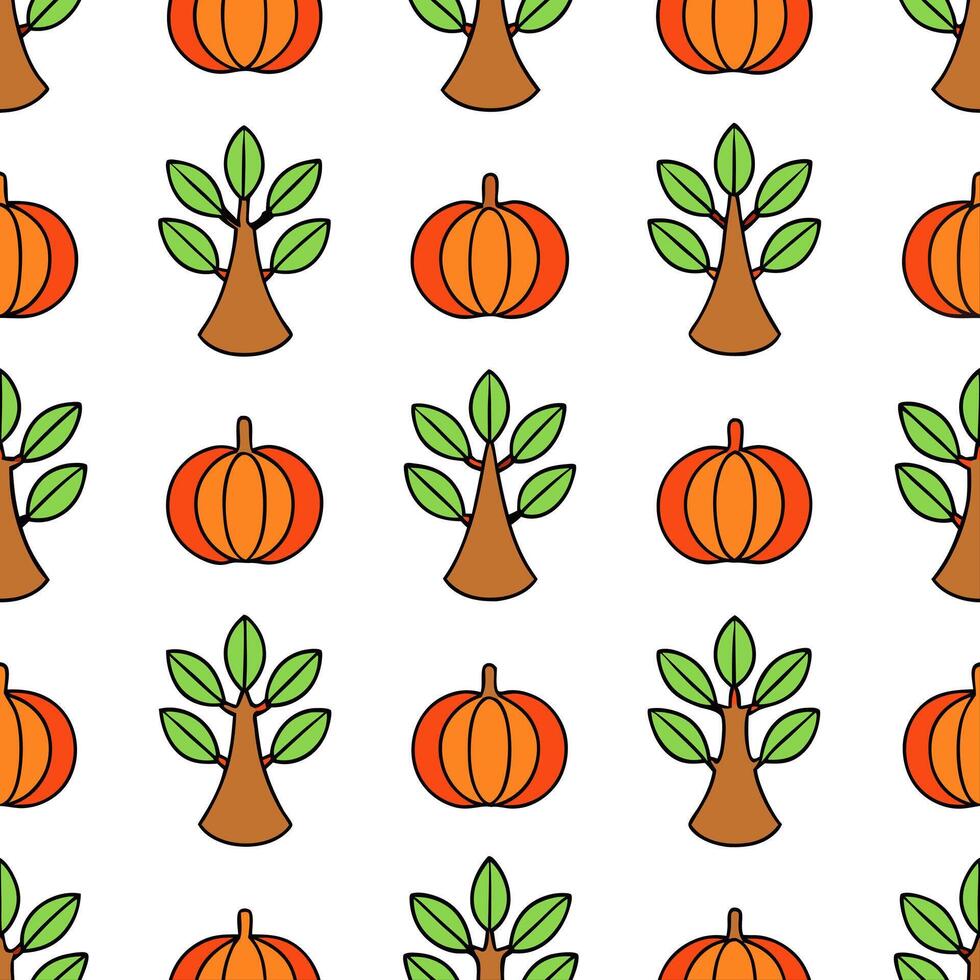 Harvest autumn trees seamless tile pattern with apple orchards and pumpkin vines for festive fall decor concept as Apple orchards and pumpkin vines arranged seamlessly with autumn Seamless Set vector