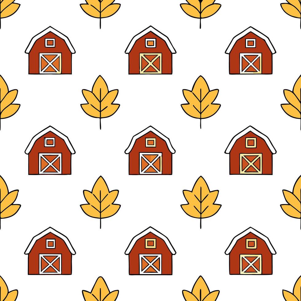 Autumn warmth seamless tile pattern with rustic barns and autumn trees for country fall decor concept as Rustic barns and autumn trees arranged seamlessly to create country inspire Seamless Set vector