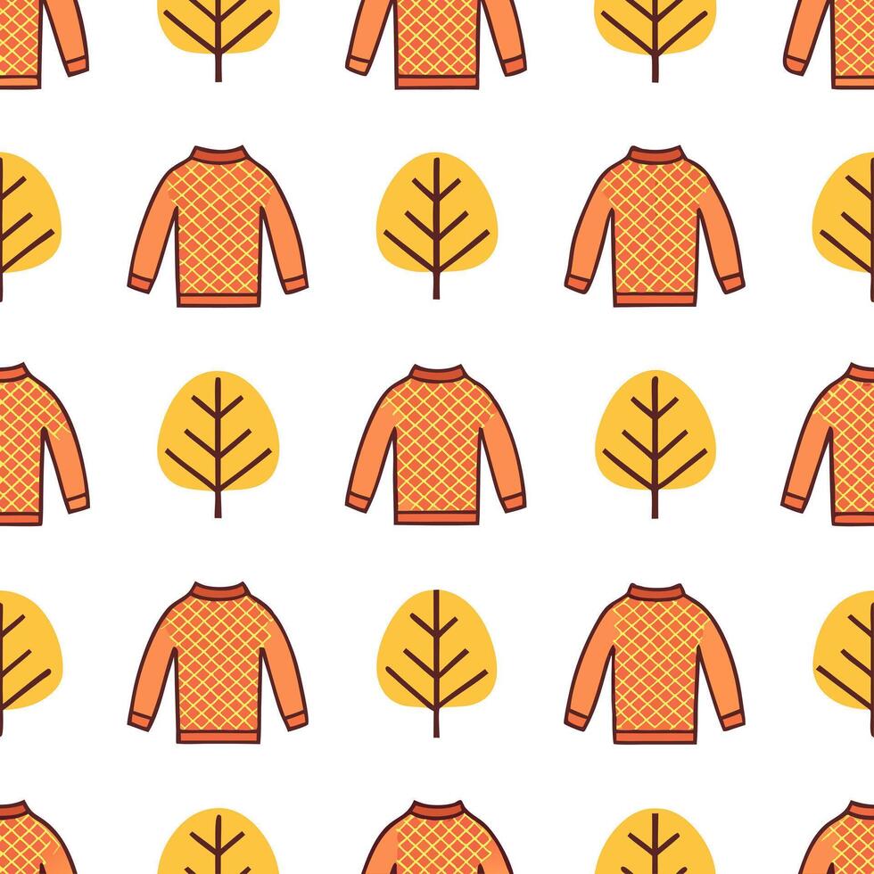 Autumn warmth seamless tile pattern with cozy sweaters and autumn trees for comfortable fall decor concept as Cozy sweaters and autumn trees arranged seamlessly to create comfortab Seamless Set vector