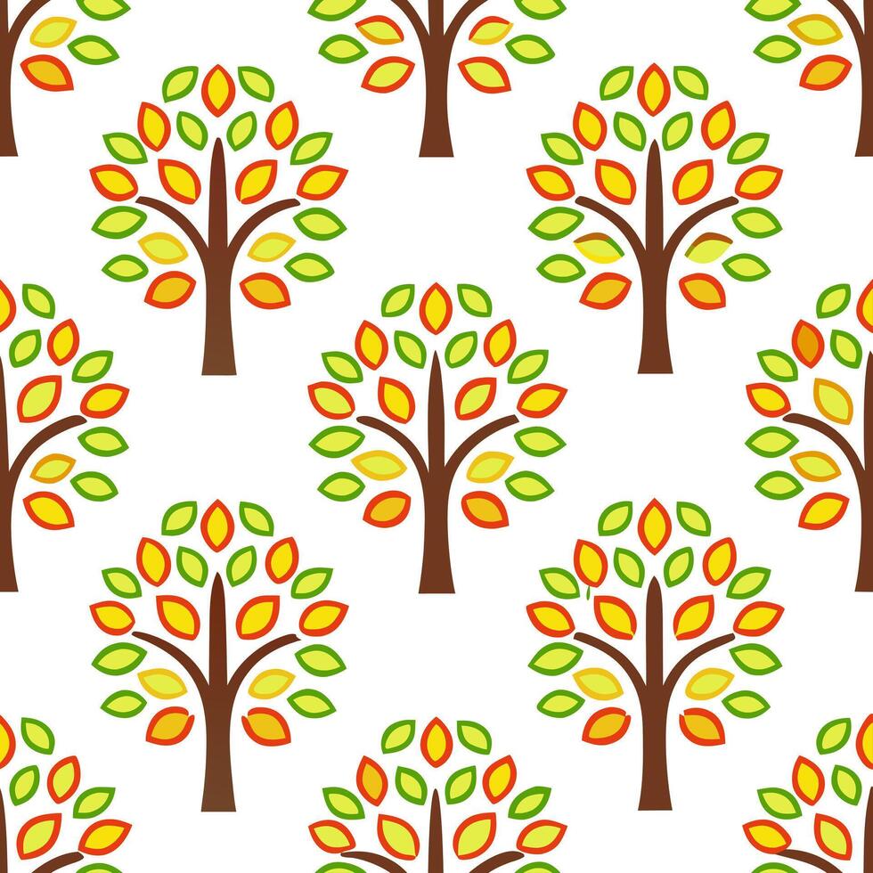 Vibrant autumn trees seamless tile pattern with colorful foliage and seasonal fruits for lively decor concept as Colorful autumn foliage and seasonal fruits arranged seamlessly to Seamless Set vector