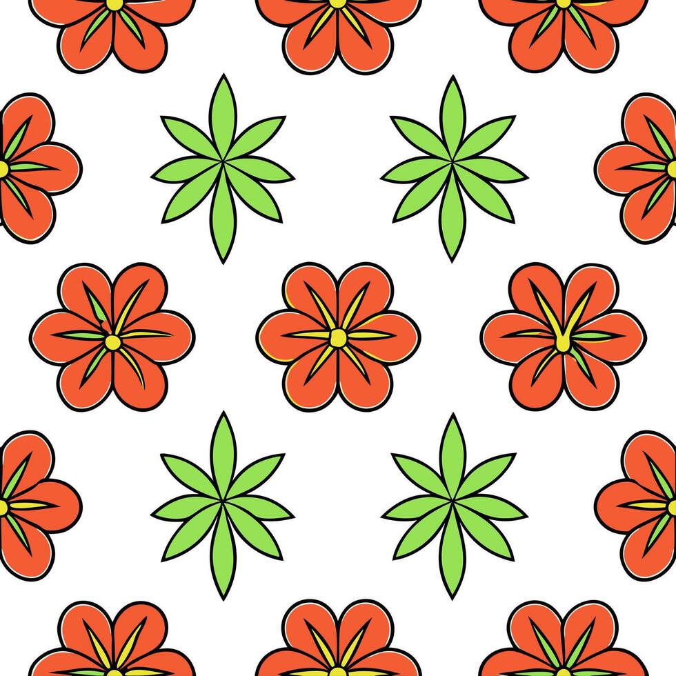 Hawaiian hibiscus and palm trees seamless tile pattern with tropical colors and traditional designs for island decor concept as Tropical hibiscus flowers and palm trees arranged se Seamless Set vector