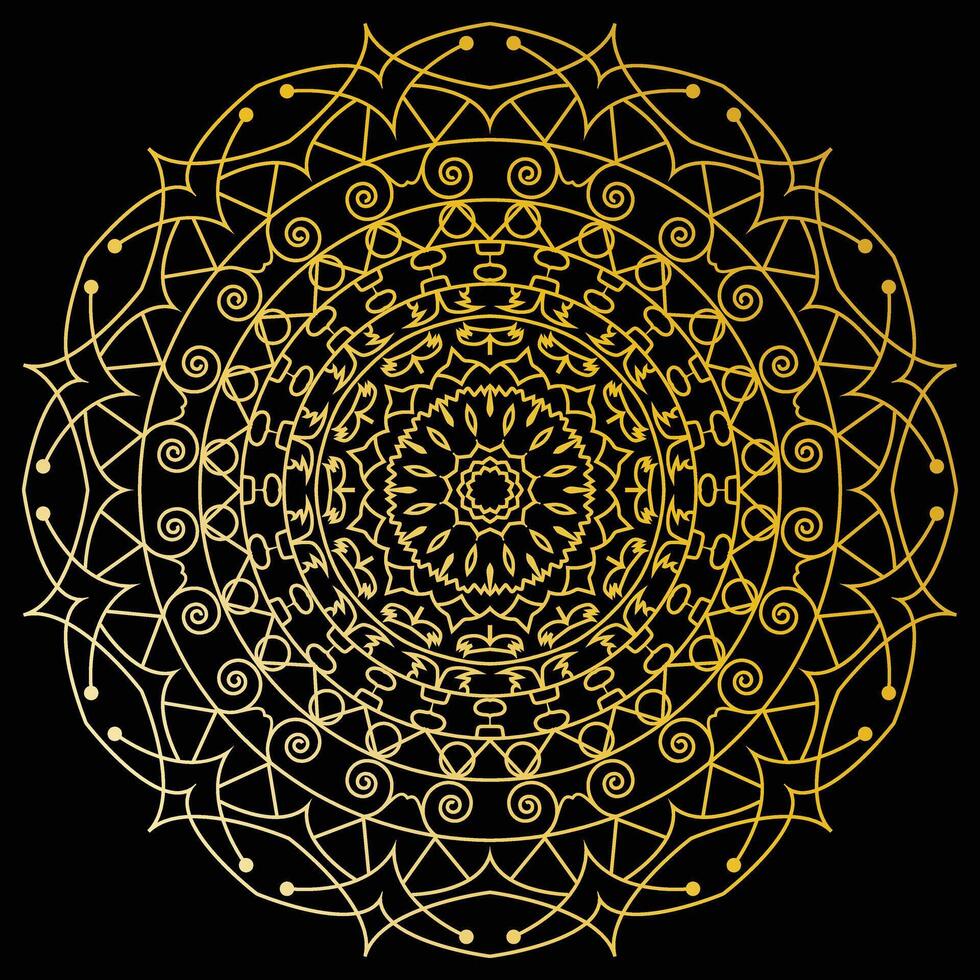 Golden Mandala Digital Art Symmetrical Geometric Spiral Design on a Black Background with Intricate Patterns and High-Quality Finish vector