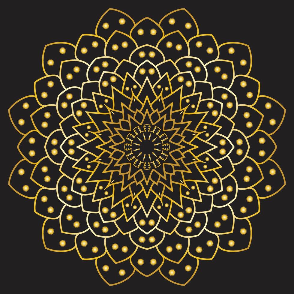 Modern Gold and Black Mandala Art Intricate Geometric Patterns with Radiating Petal-Like Shapes in a High-Quality Digital Illustration vector