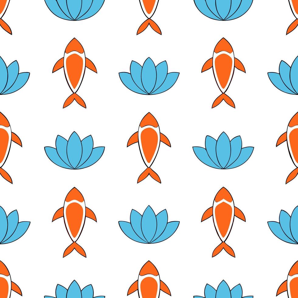 Japanese koi fish and lotus seamless tile pattern with vibrant oranges and serene blues for tranquil decor concept as Vibrant orange koi fish and serene blue lotuses arranged seaml Seamless Set vector