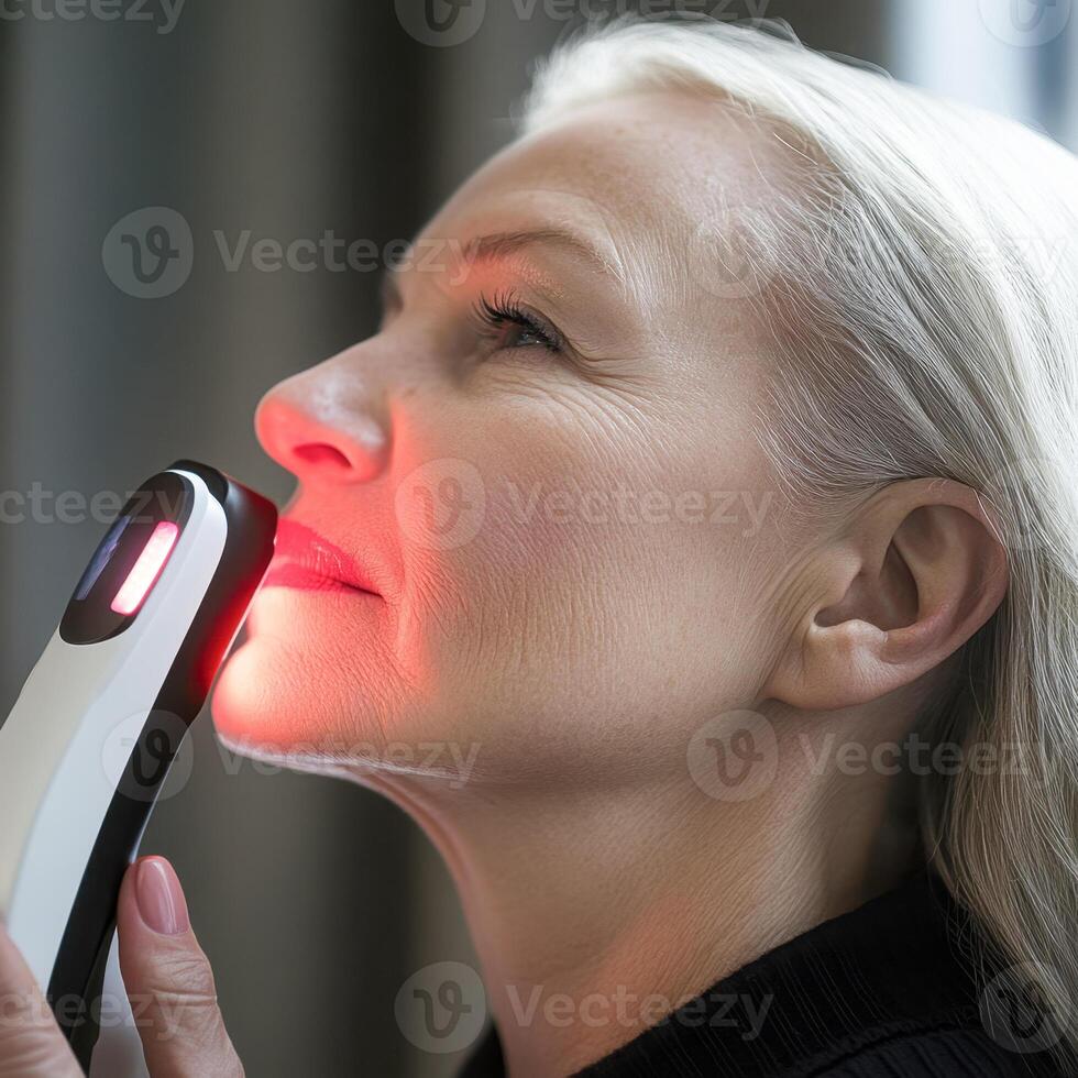 Elderly caucasian female using red light therapy device for skincare treatment photo