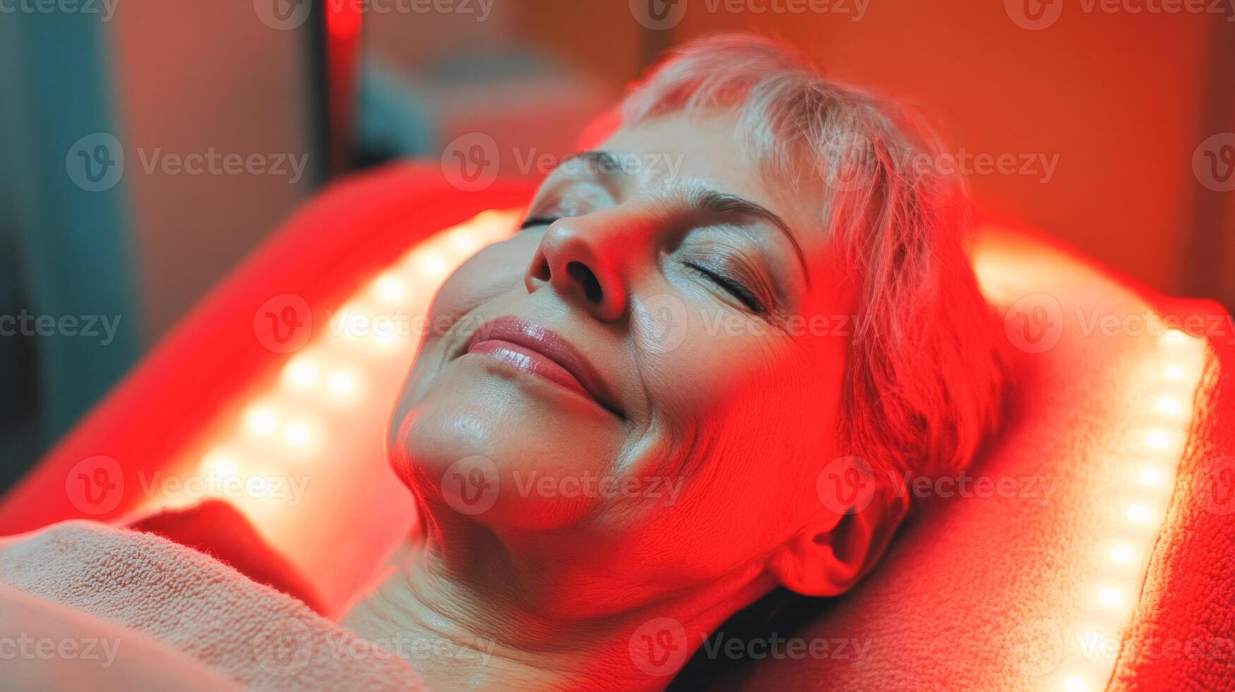 Mature female enjoying red light therapy session for skin rejuvenation photo