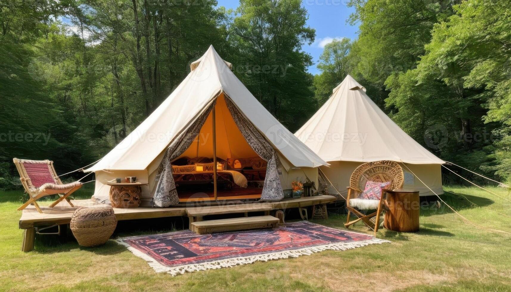 Luxurious glamping tents in serene forest setting with cozy decor and wooden accents photo