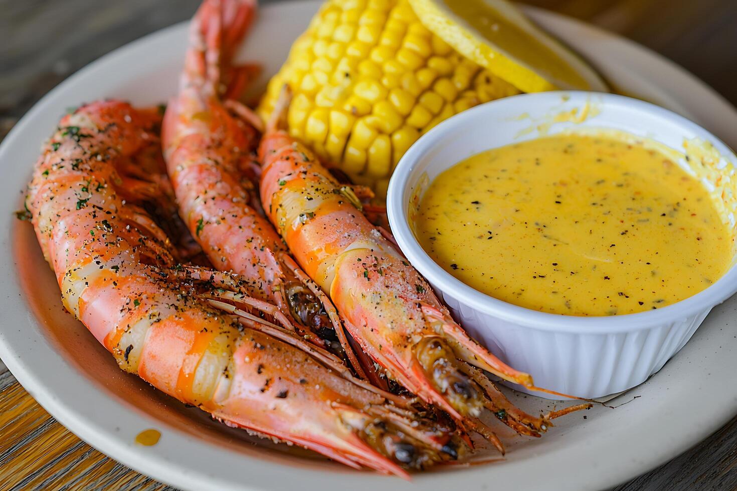 A plate of shrimp and corn on a wooden table photo