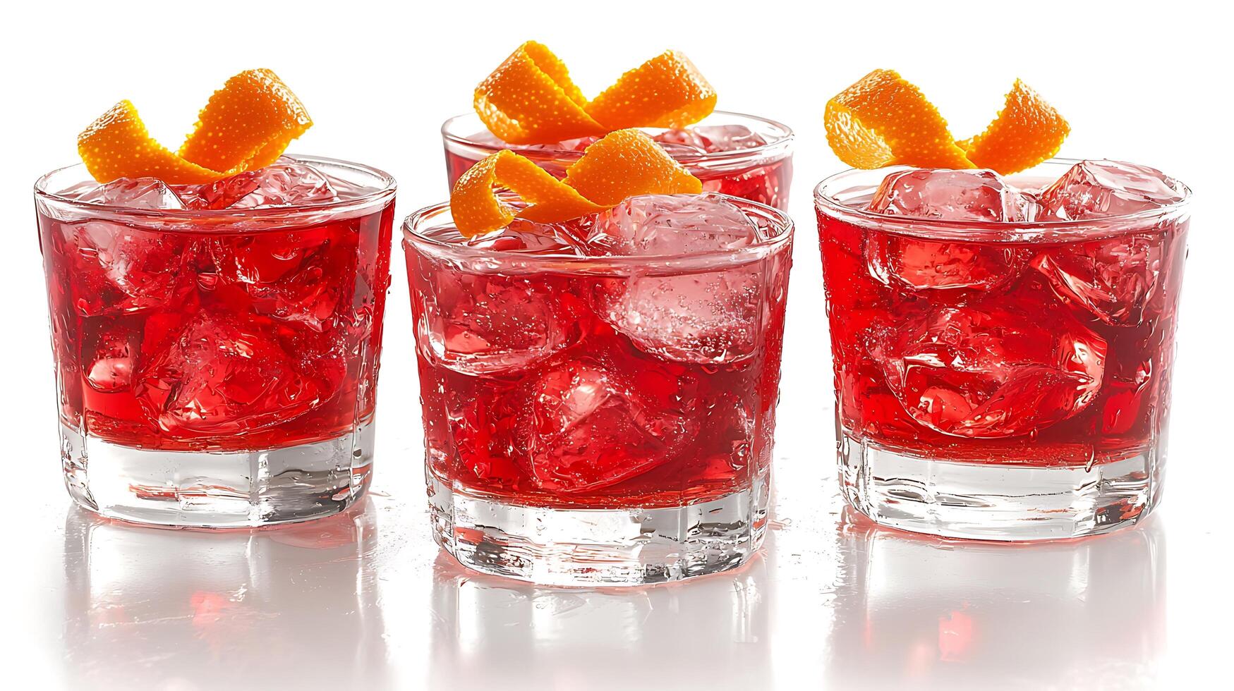 Four Glasses of Refreshing Red Cocktail with Orange Garnish. Close up shot of vibrant alcoholic beverage. photo