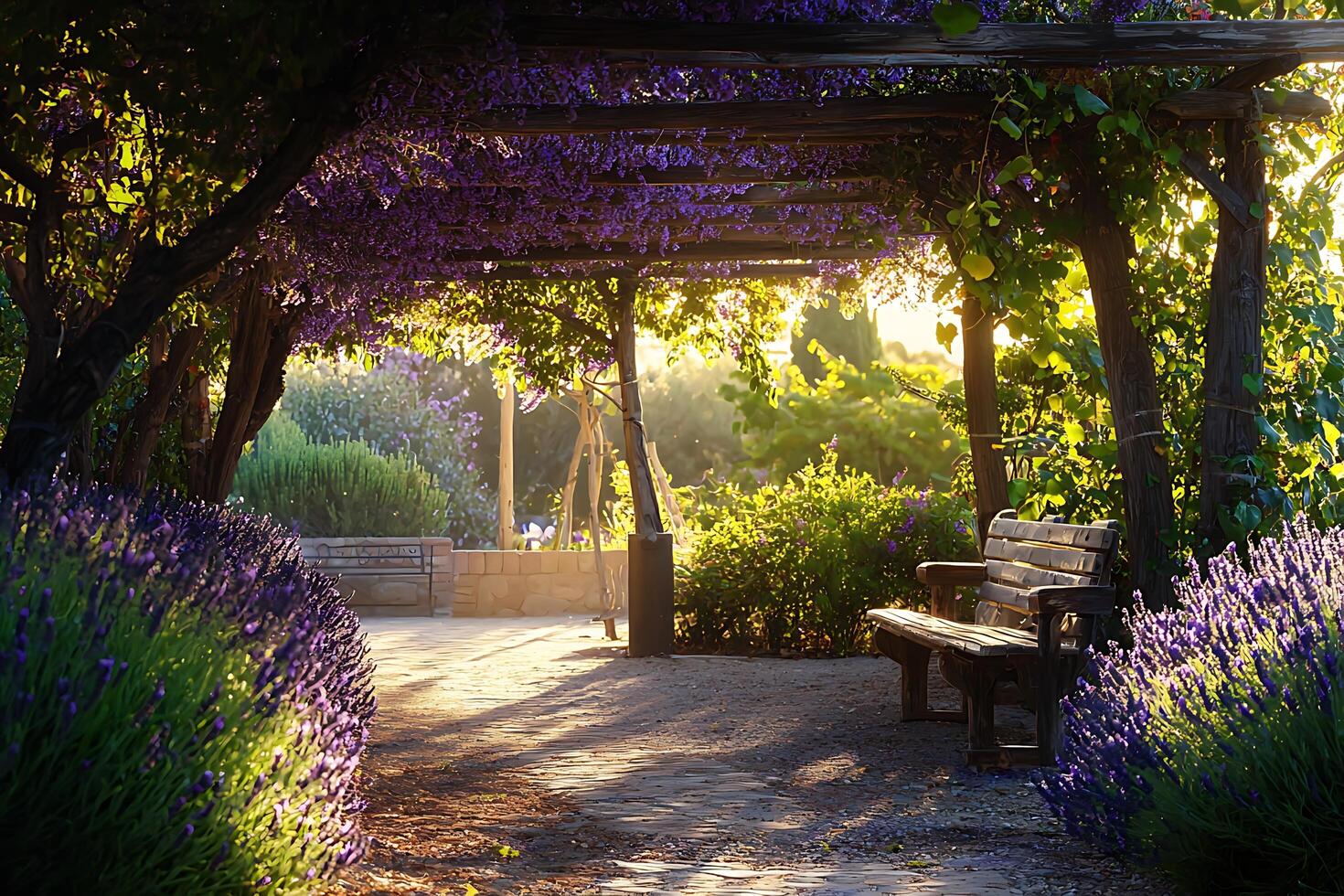 A bench under a tree with purple flowers photo
