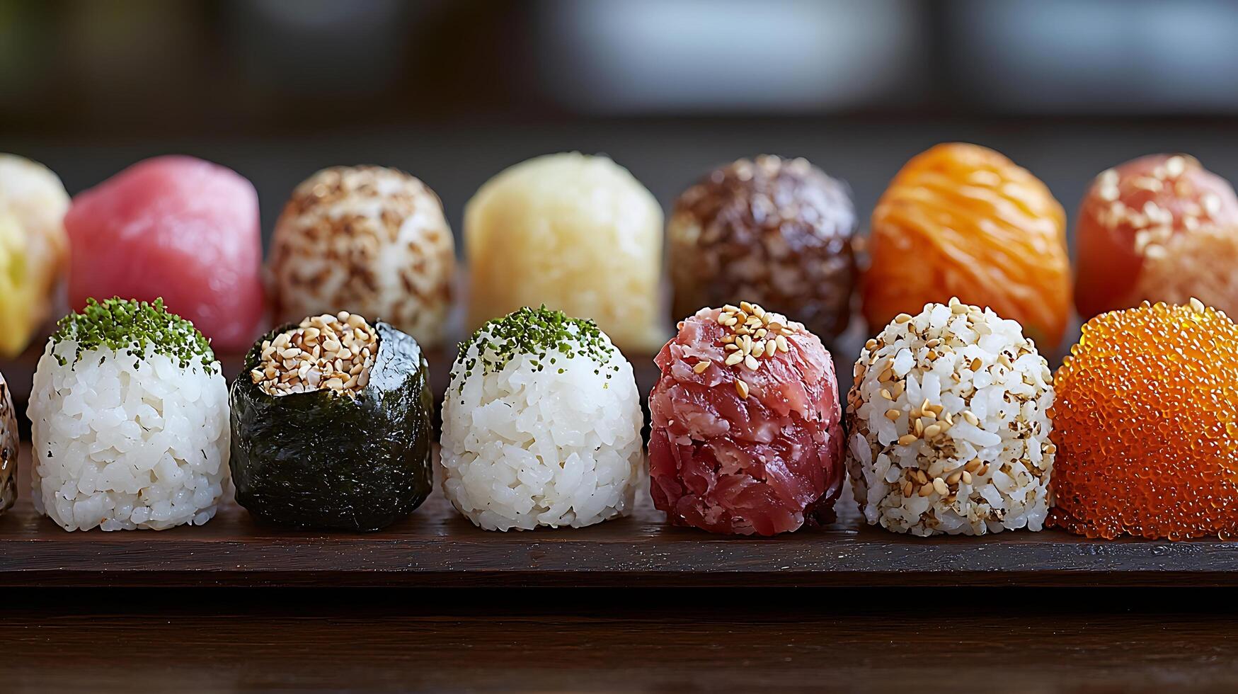 Assorted Japanese Rice Balls on Wooden Board Close Up of Delicious Onigiri. photo