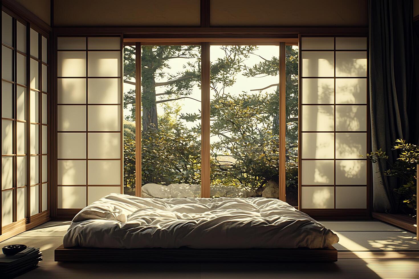 A bed in a room with a window photo