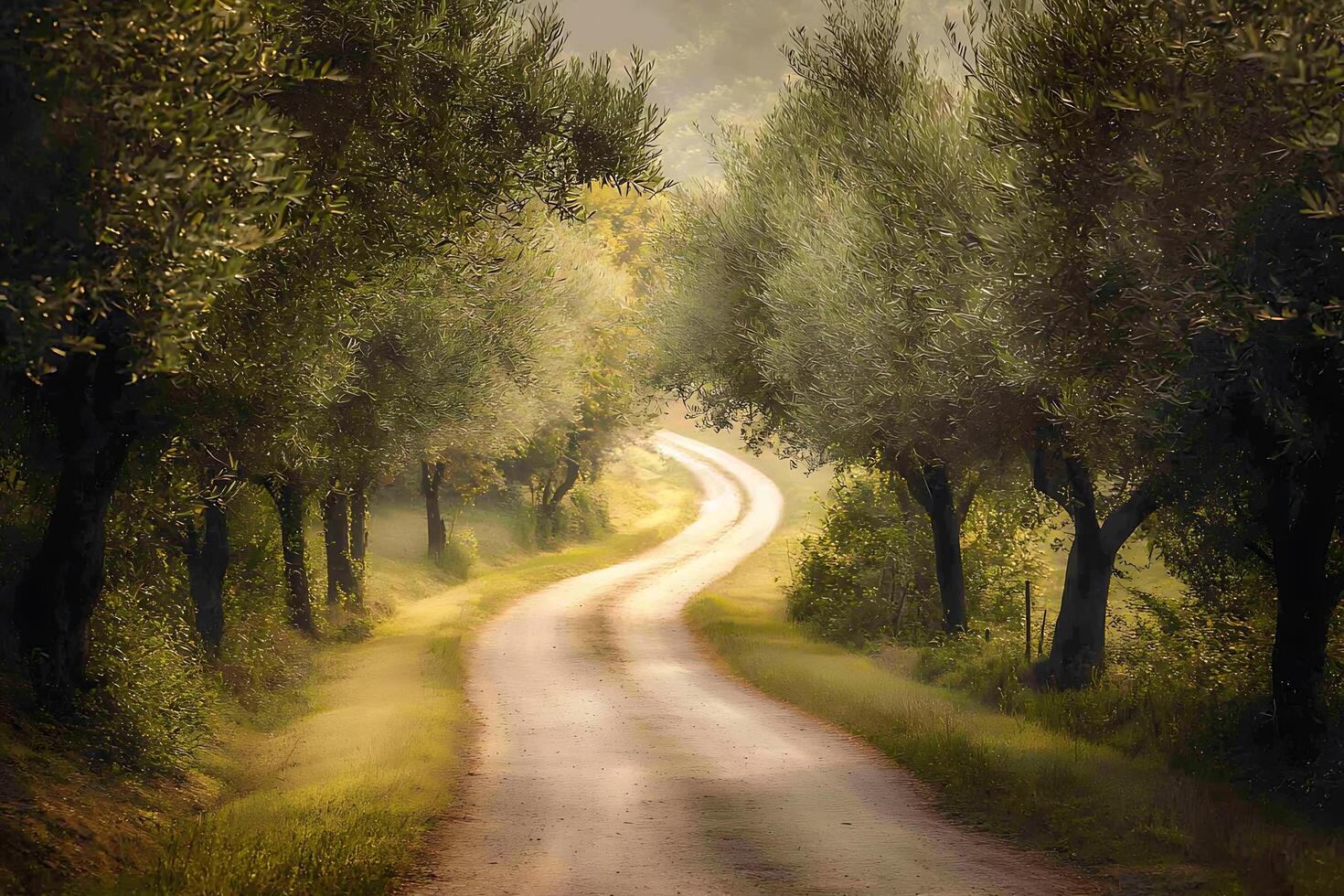 A road that is lined with trees and grass photo