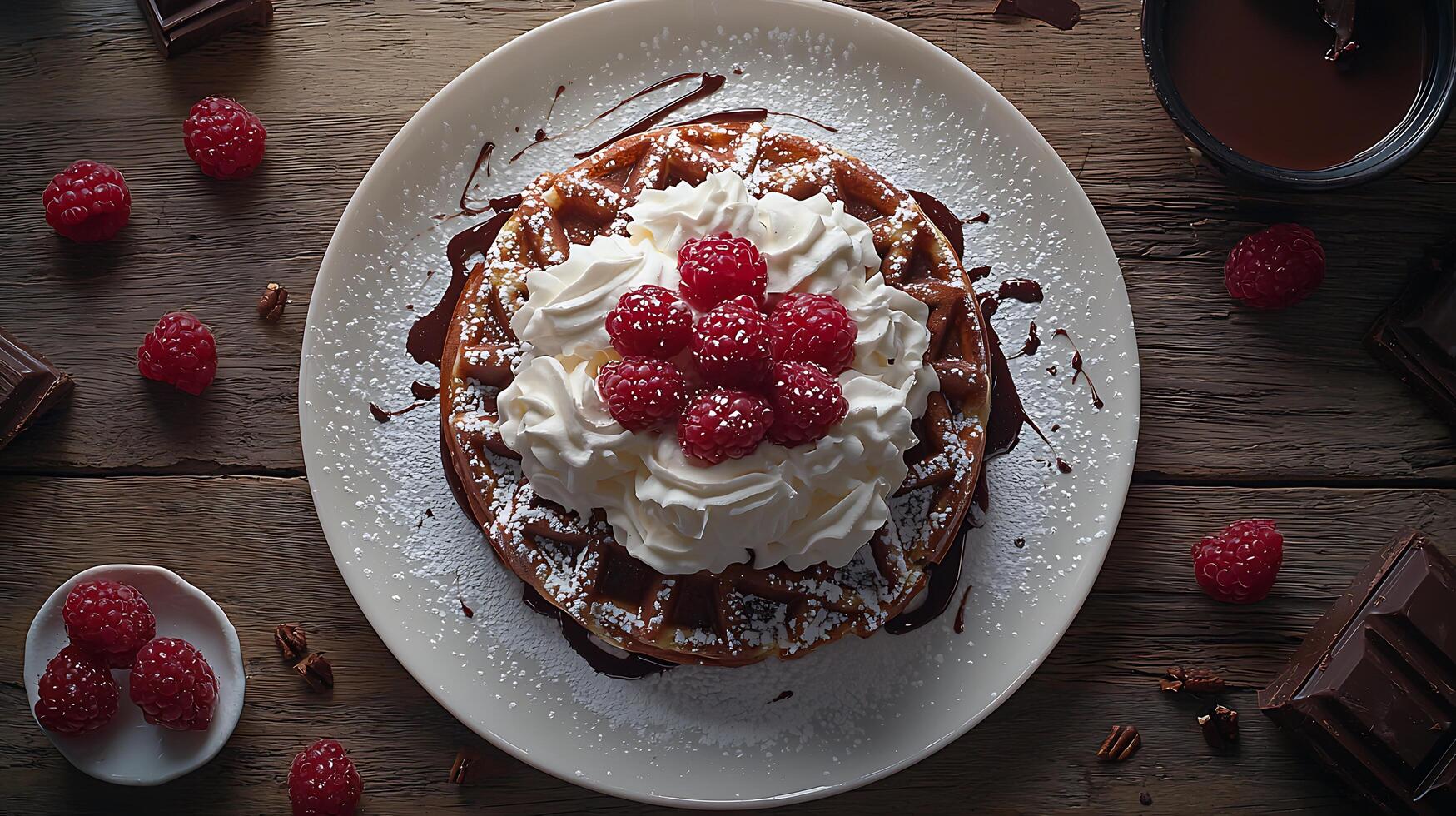 Delicious Waffle with Whipped Cream, Raspberries, and Chocolate Drizzle. photo