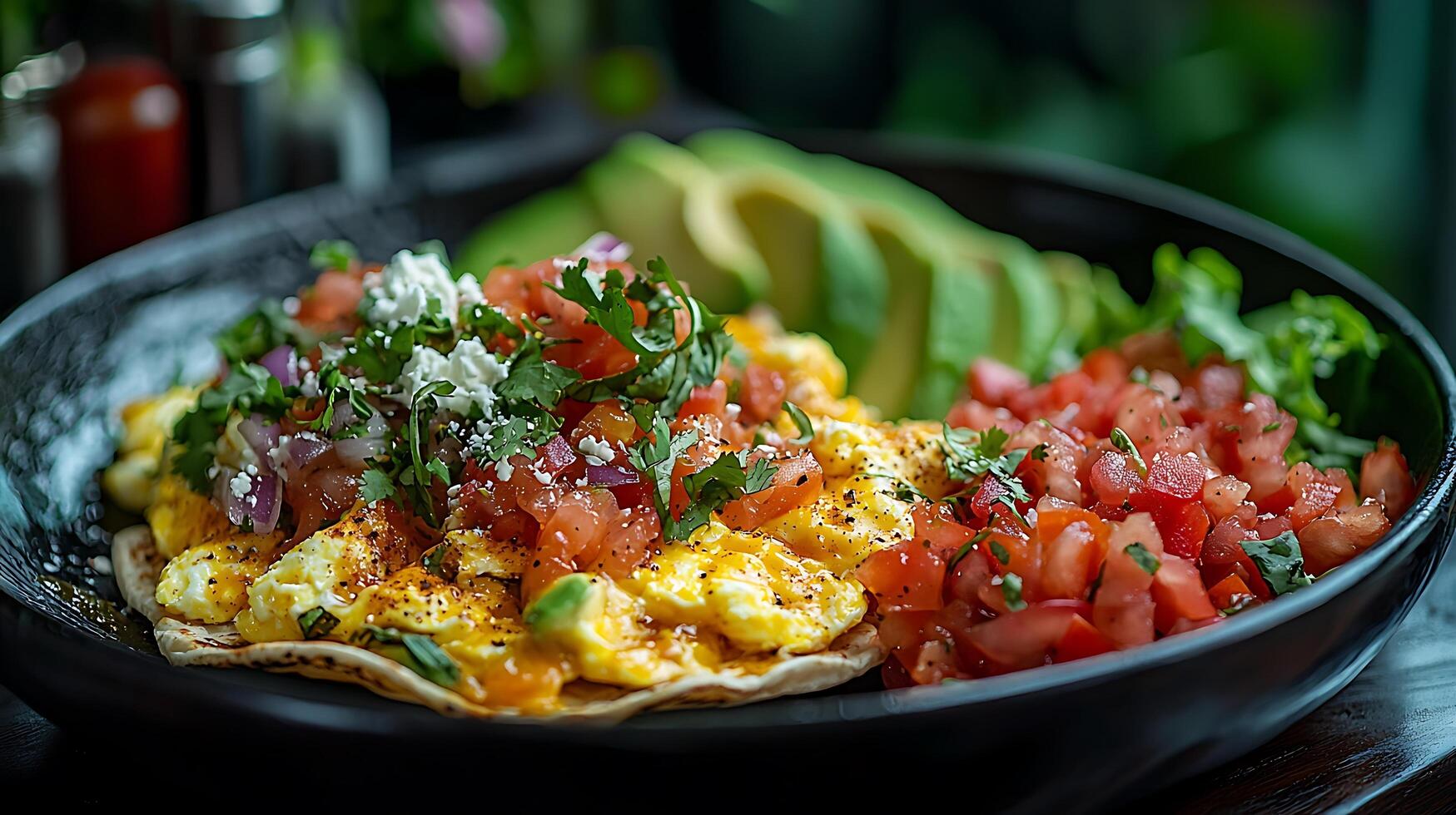 Delicious Scrambled Eggs with Pico de Gallo and Avocado on a Tortilla. photo