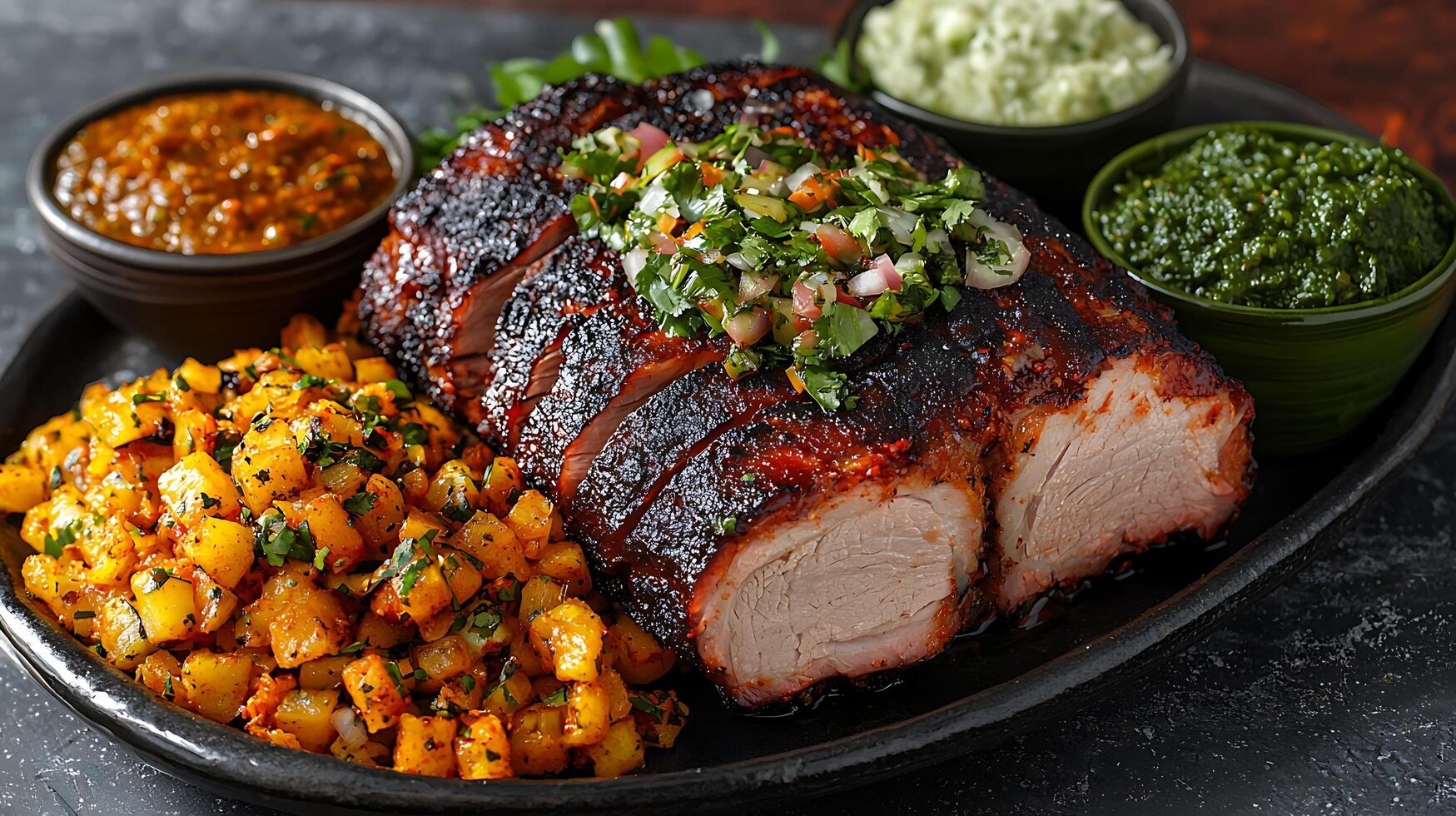 Grilled Pork Tenderloin with Potato Hash and Trio of Sauces. A delicious and visually appealing food image perfect for restaurant menus or culinary websites. photo