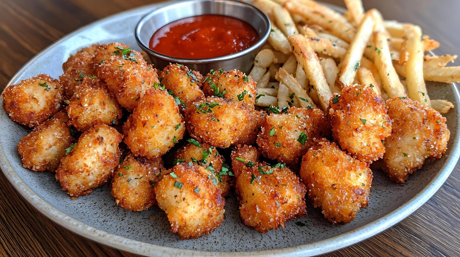Crispy Fried Chicken Bites with French Fries and Dipping Sauce A Close Up of a Delicious Meal. photo