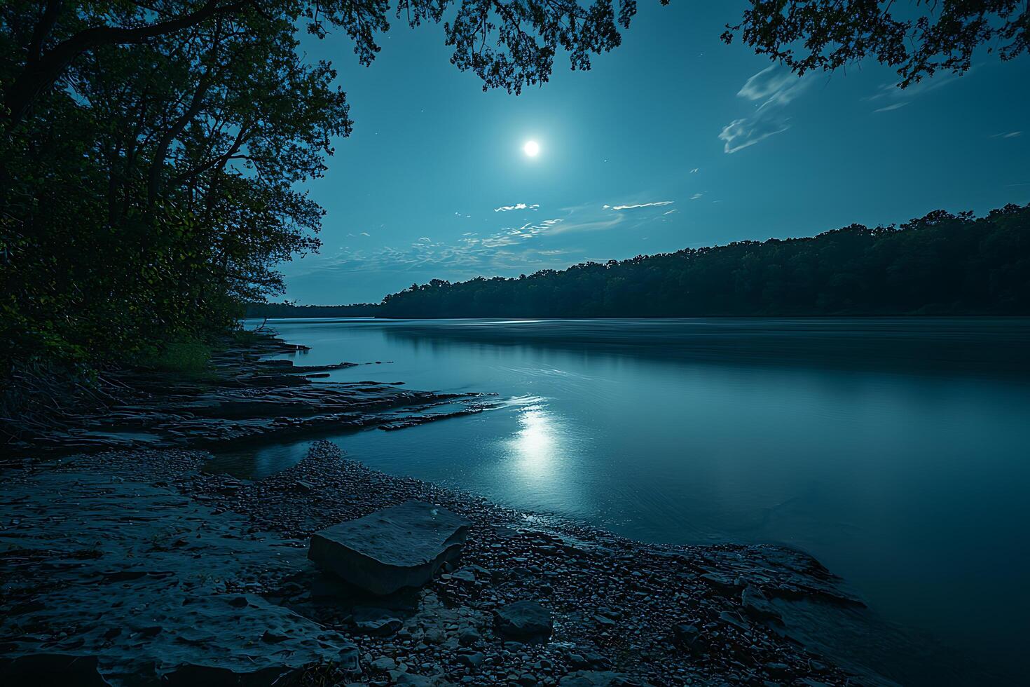 Serene Night Moonlit Riverbank Landscape. A tranquil scene of a river under a full moon, framed by trees and rocky shores. photo