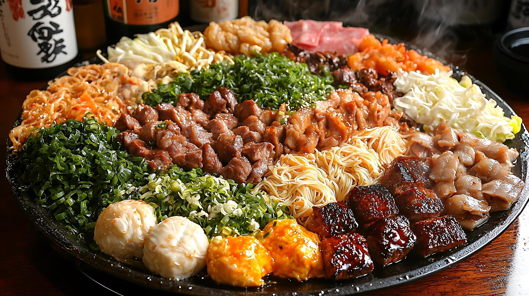 A Delicious Asian-Style Sizzling Platter with Assorted Meats, Noodles, and Vegetables. photo