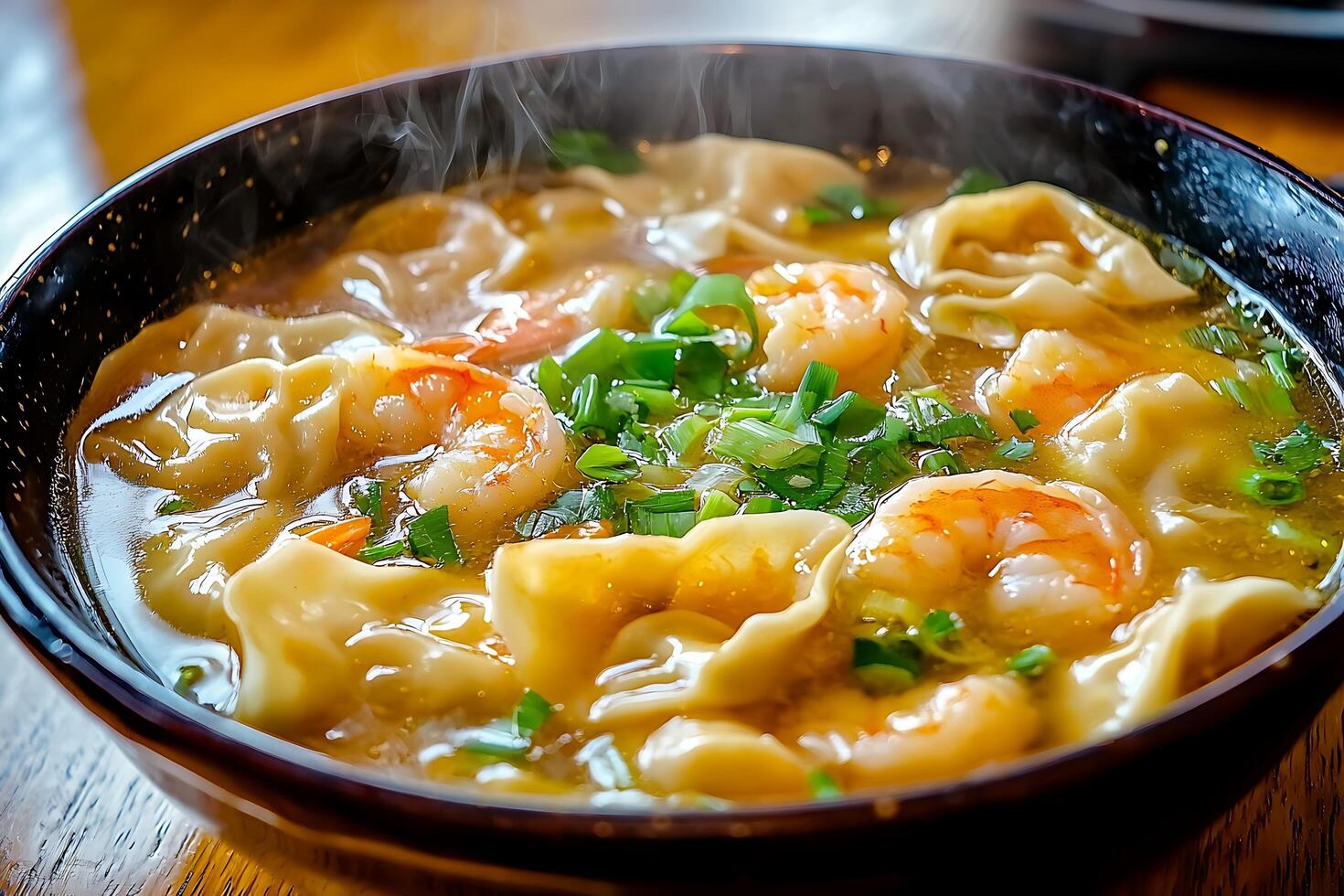 Steaming Bowl of Shrimp and Dumpling Soup A Culinary Delight. photo