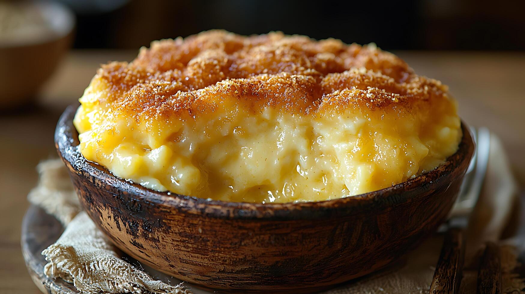Close Up of Creamy Custard Dessert with Crunchy Topping in Rustic Bowl. photo