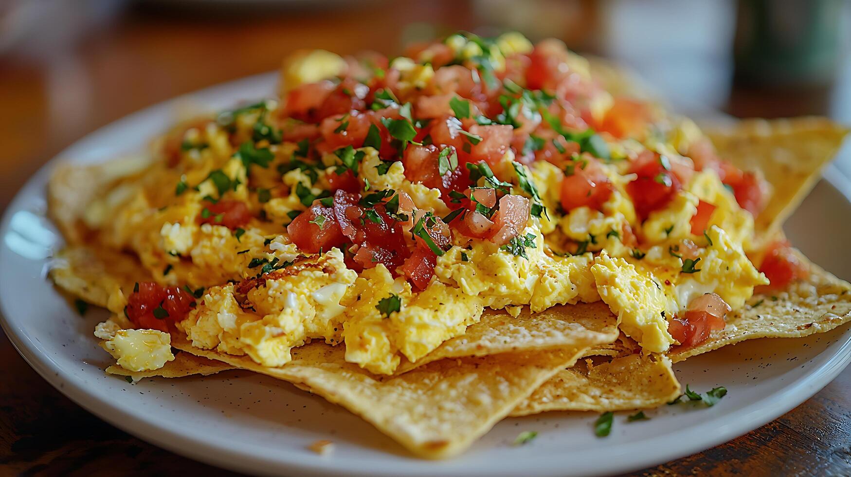 Delicious Scrambled Eggs with Tomatoes and Tortilla Chips A Close Up Food Photography. photo