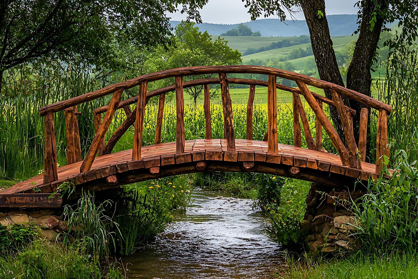 A wooden bridge over a stream in a lush green field photo