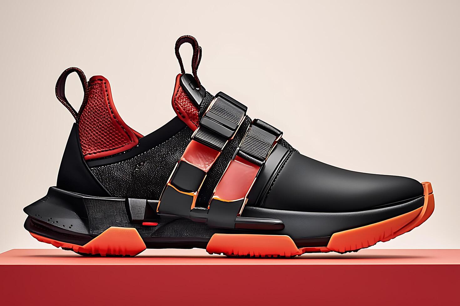 A black and red shoe with straps photo