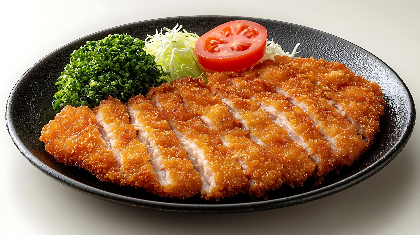 Delicious Breaded Pork Cutlet with Cabbage and Green Onions. A close up photo of a plated Japanese dish.