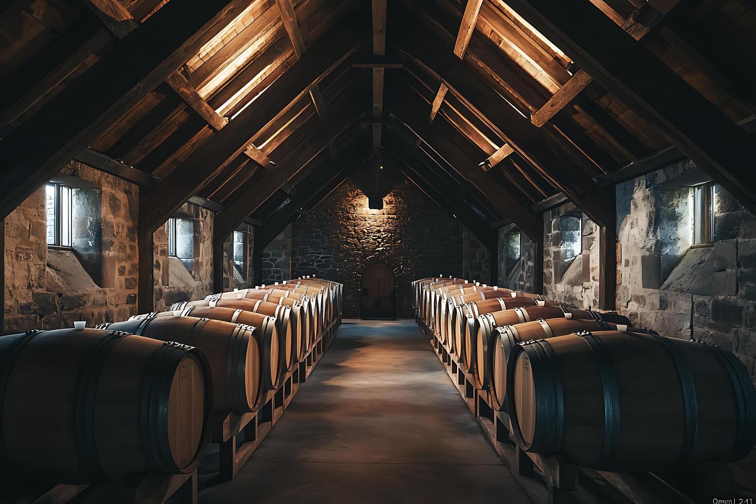 Rows of Oak Barrels in a Historic Wine Cellar. The image depicts a traditional wine cellar with wooden barrels aging. photo