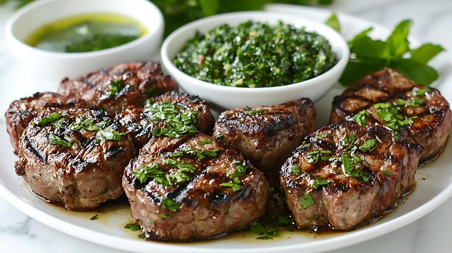 Grilled Lamb Chops with Herb Sauce and Chimichurri. A close up image of delicious grilled lamb meat drizzled with fresh herbs. photo