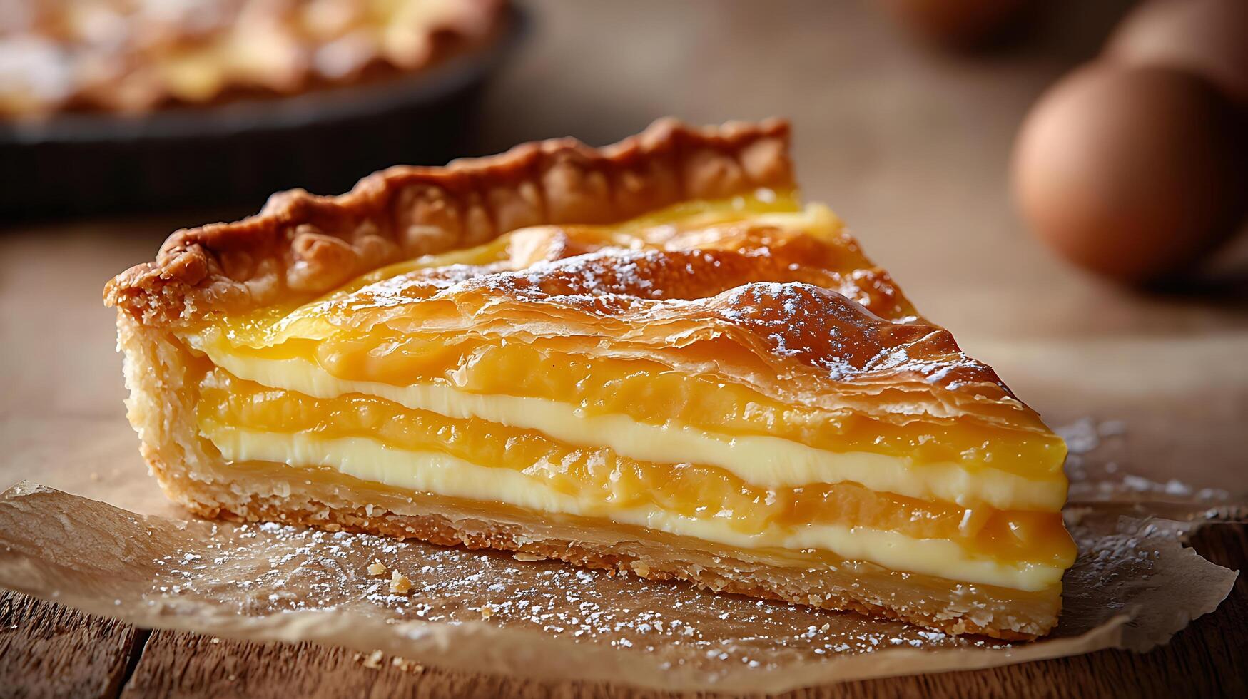 Close up of a Delicious Lemon Tart Slice, Pastry Dessert on Wooden Table. photo