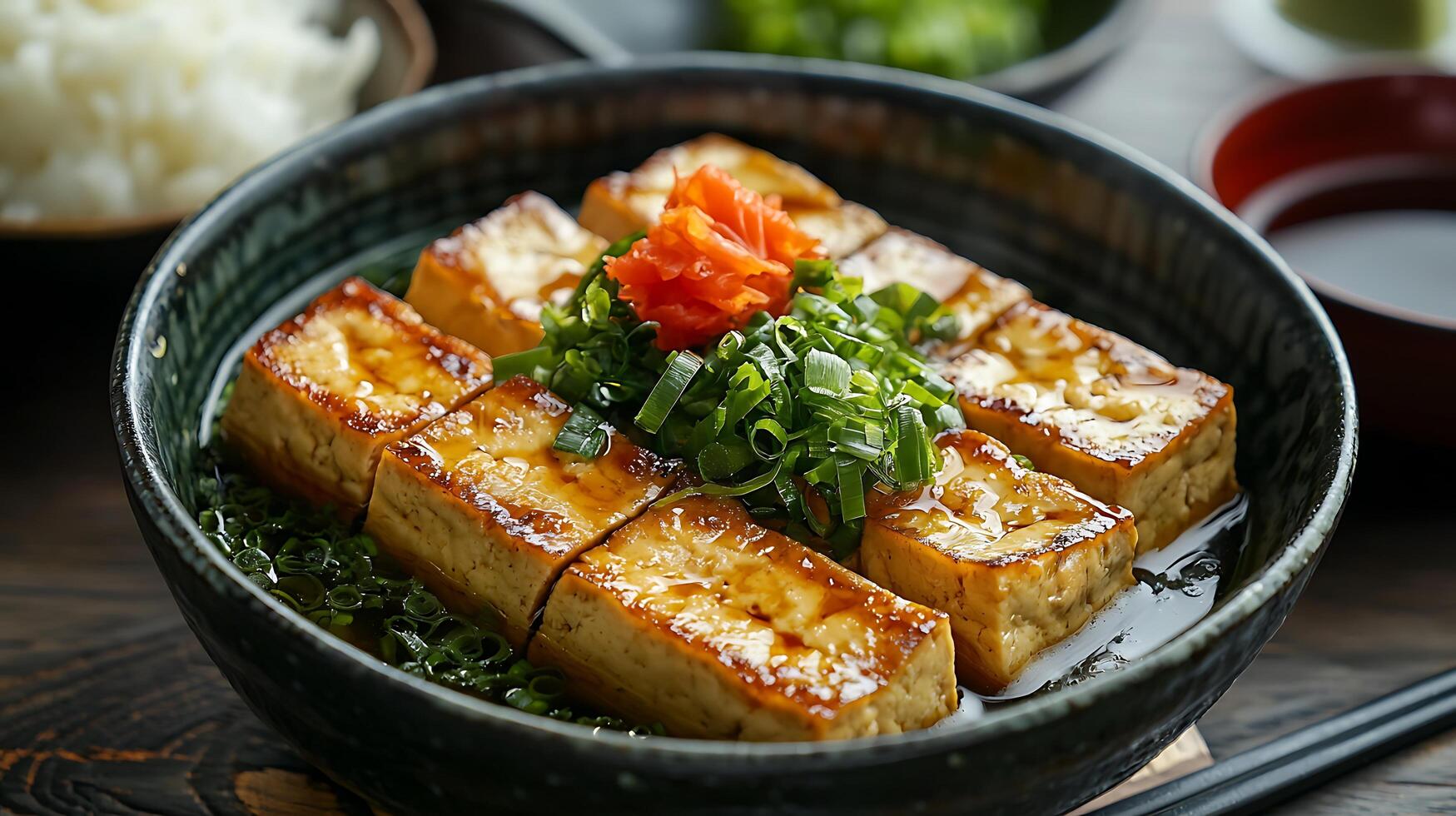 Close Up of Pan-Fried Tofu in a Bowl with Garnish, Japanese Cuisine. photo
