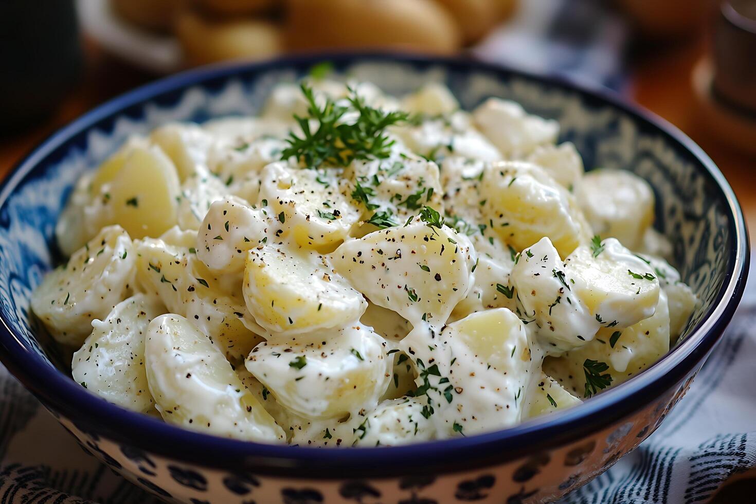 A bowl of potato salad with sour cream and herbs photo
