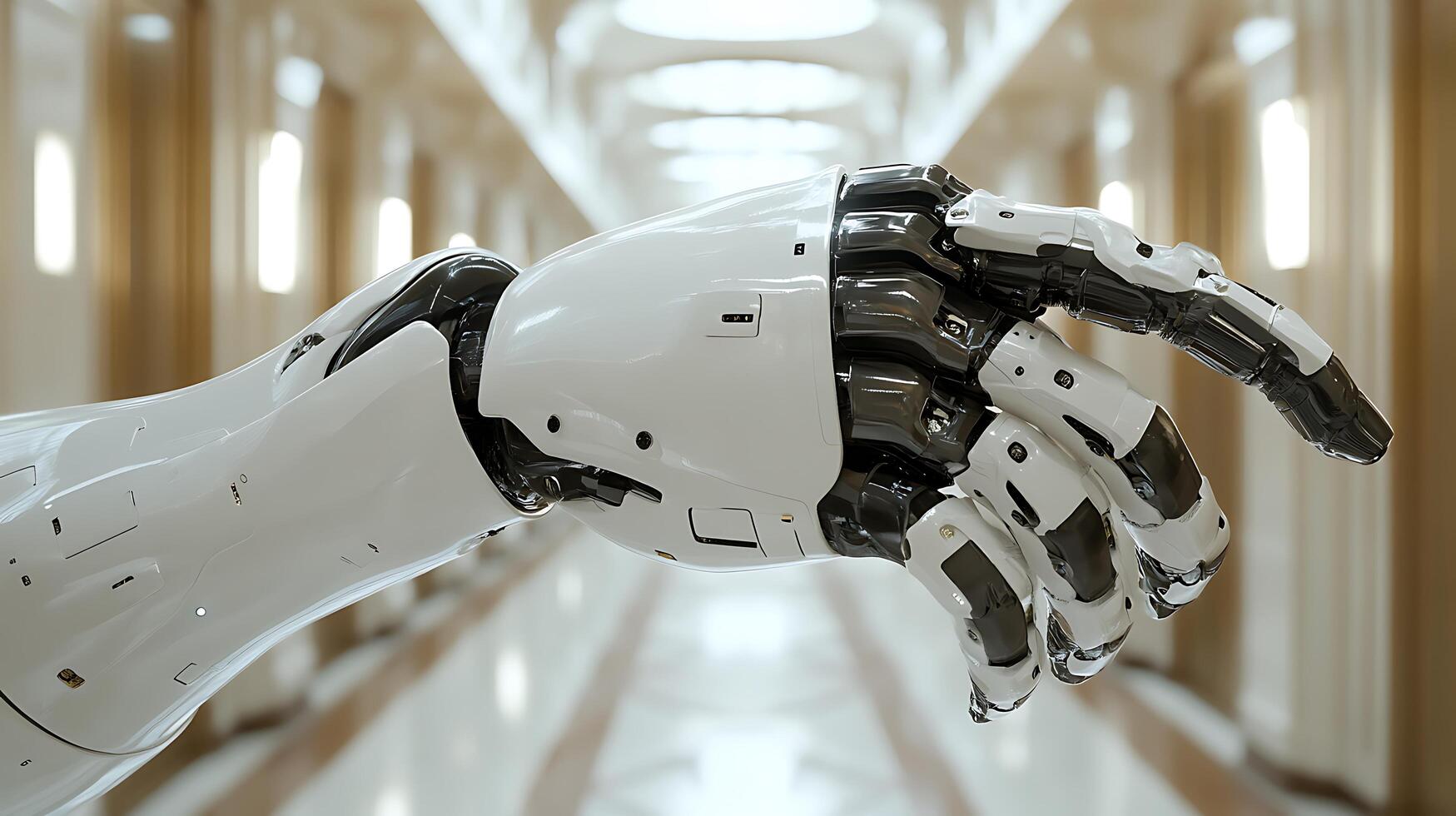 Close up of a futuristic robotic hand reaching out in a modern hallway. photo