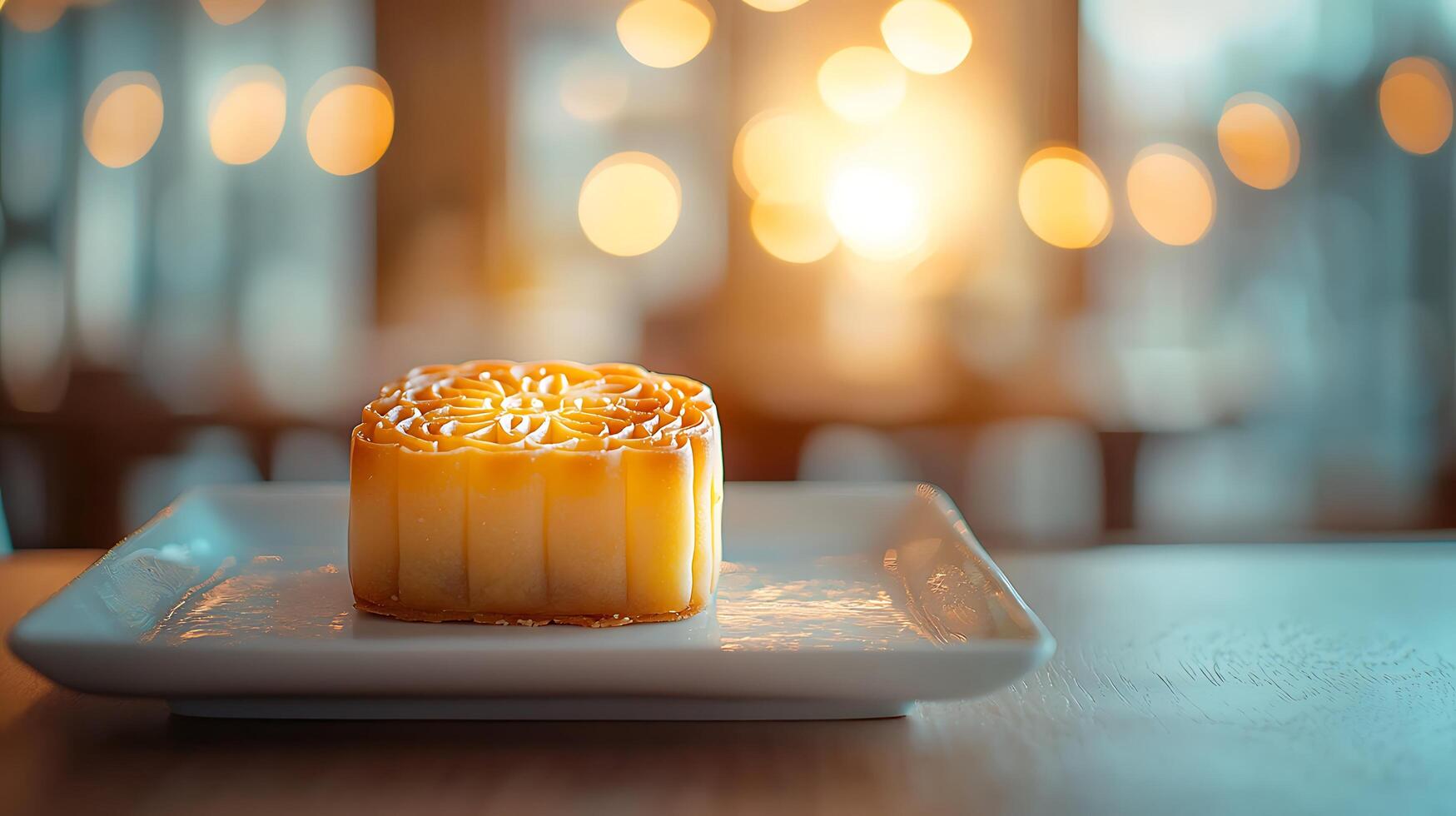 Delicious Mooncake on a White Plate with a Warm Bokeh Background. photo