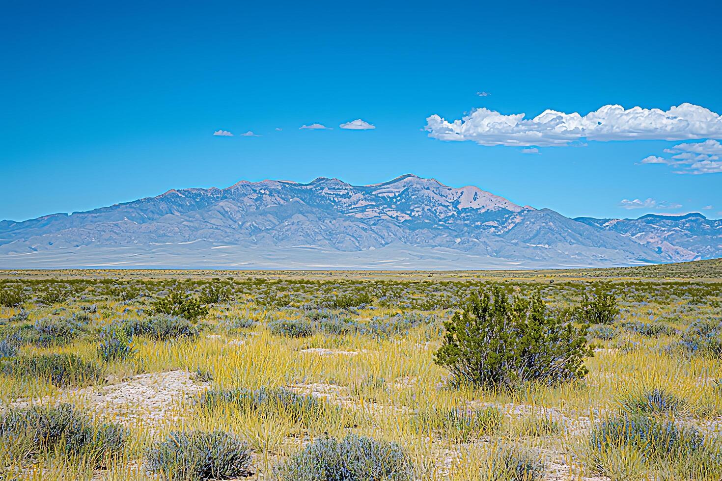 Majestic Mountain Range under a Clear Blue Sky. A panoramic view of a desert landscape with a breathtaking mountain backdrop. photo