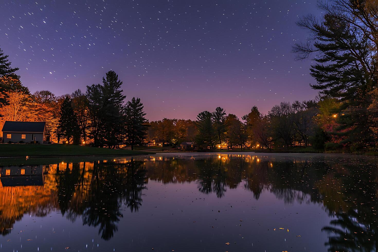 Starry Night Reflection over Serene Autumn Pond. A tranquil autumn evening scene with a captivating night sky reflecting in a calm pond. photo