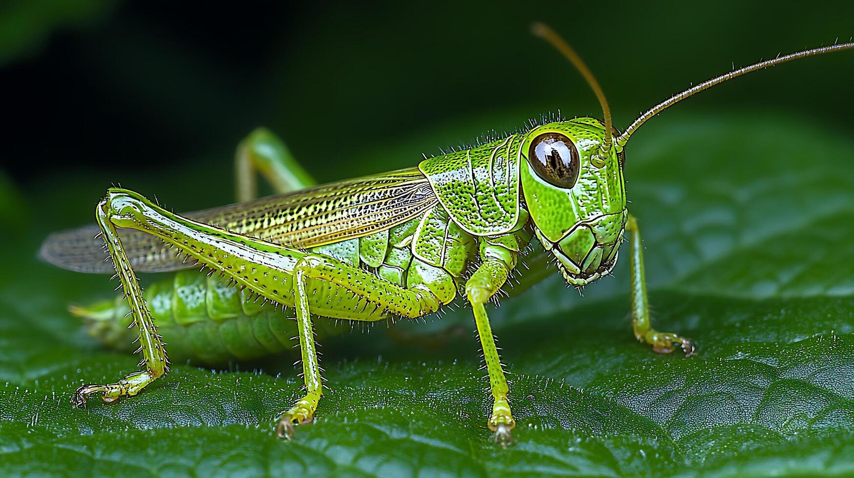 Close Up of a Vibrant Green Grasshopper on a Leaf. A detailed macro photograph showcasing the intricate details of the insect. photo
