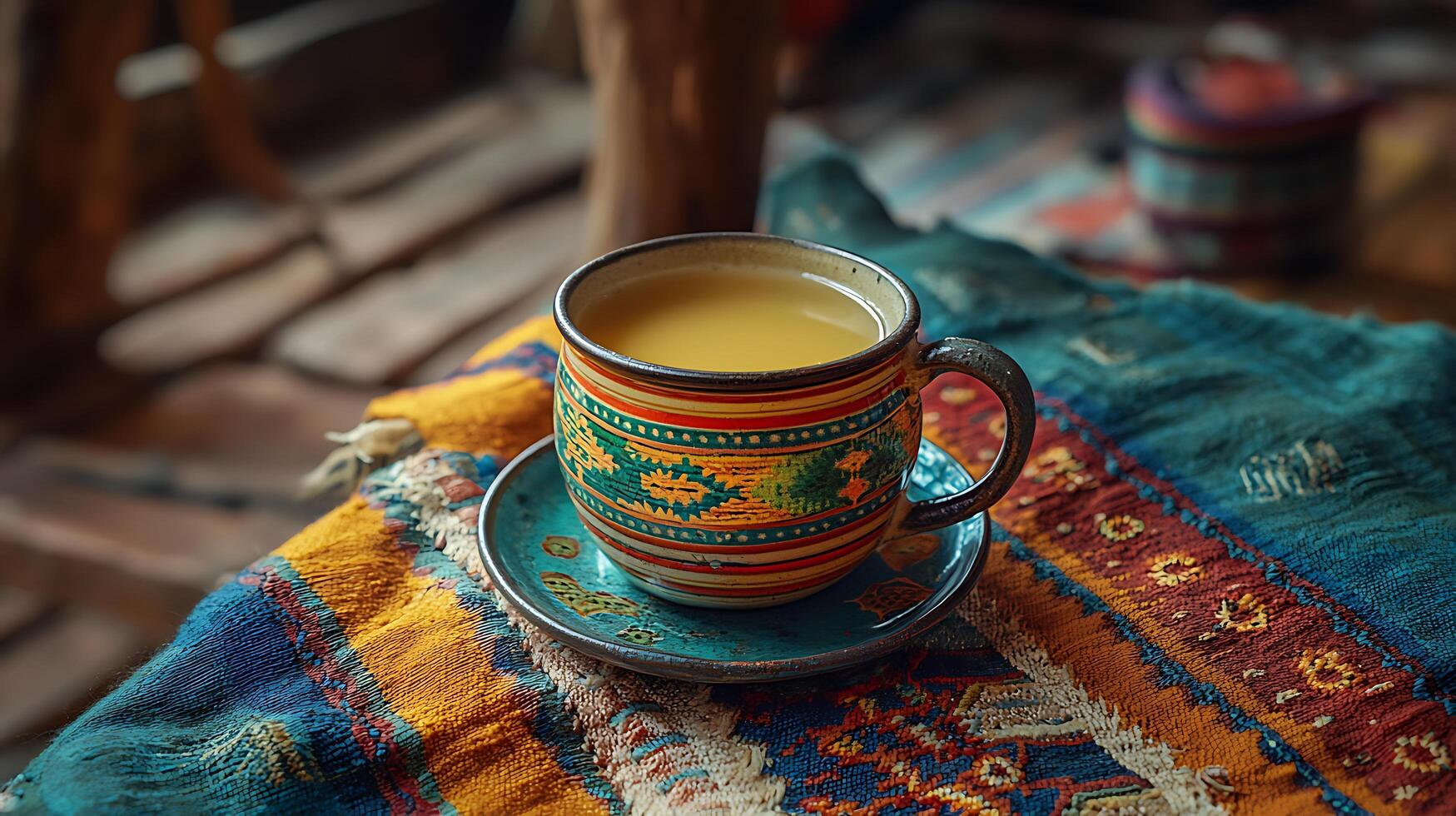 A Cup of Golden Drink on a Vibrant Rug Close Up Photography. photo
