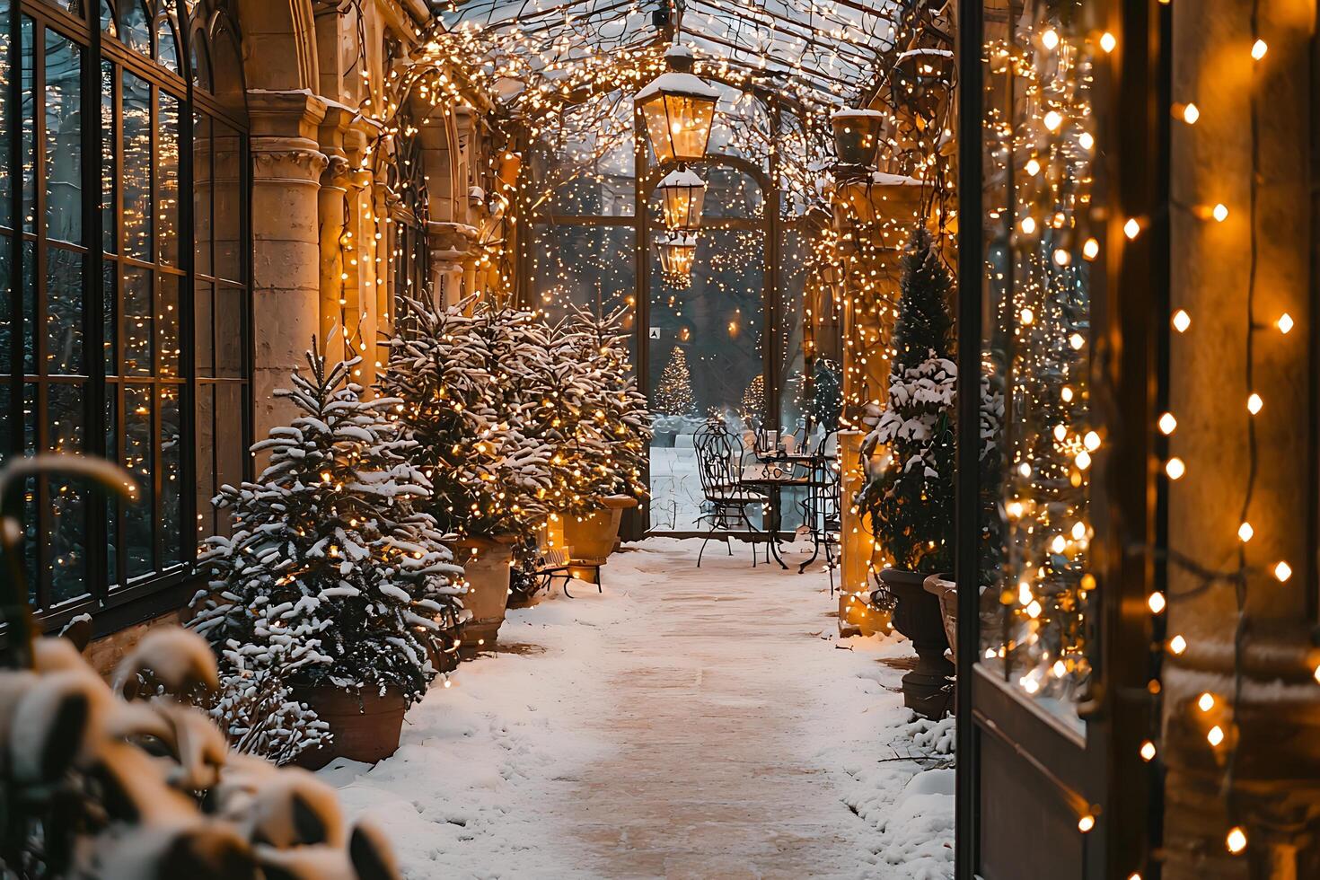 Enchanting Winter Terrace Festive Lights and Snow-Covered Greenery. photo