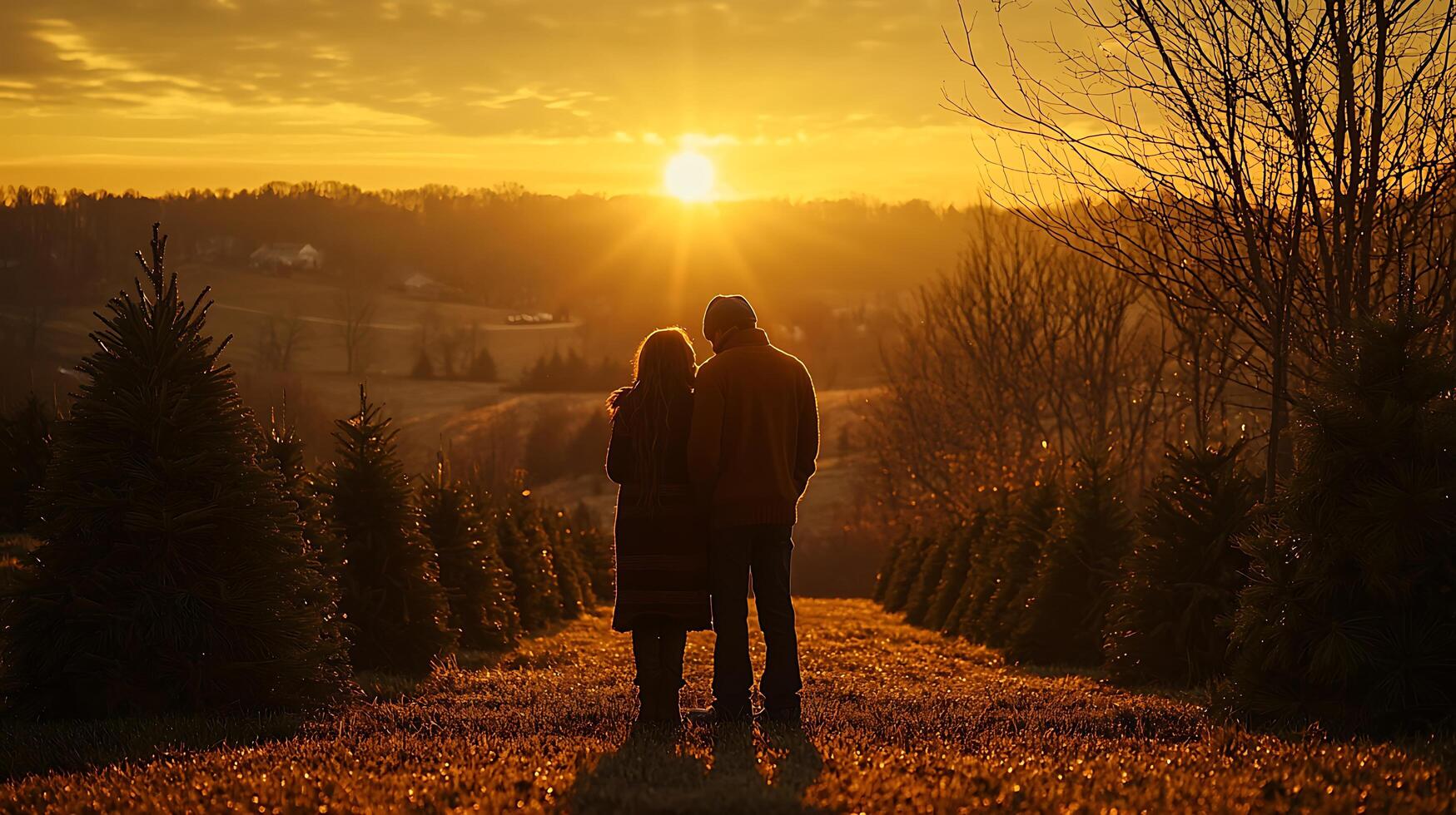 Silhouette of Couple at Sunset in a Christmas Tree Farm. A romantic image of two people enjoying the golden hour light amongst evergreen trees. photo