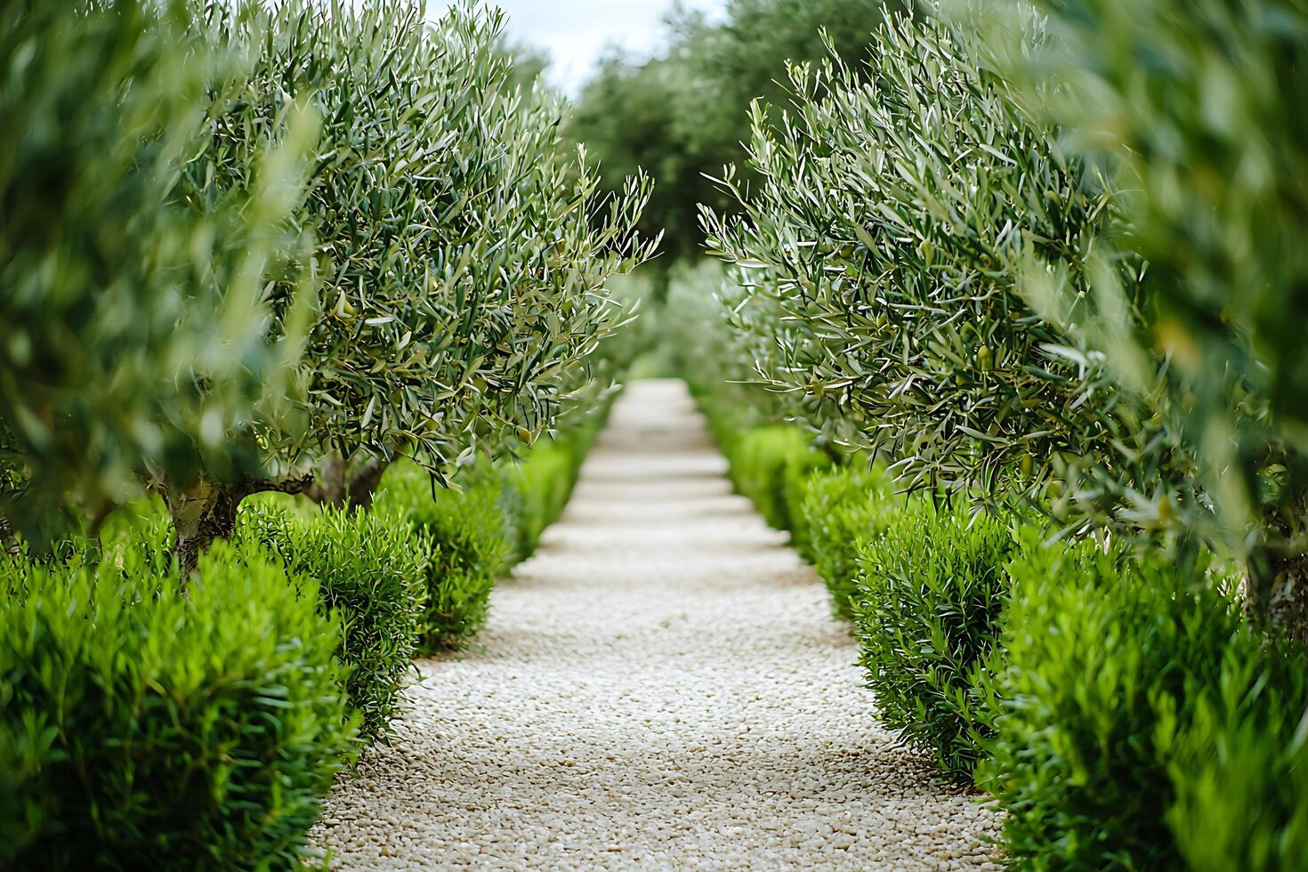 A pathway lined with trees and bushes photo