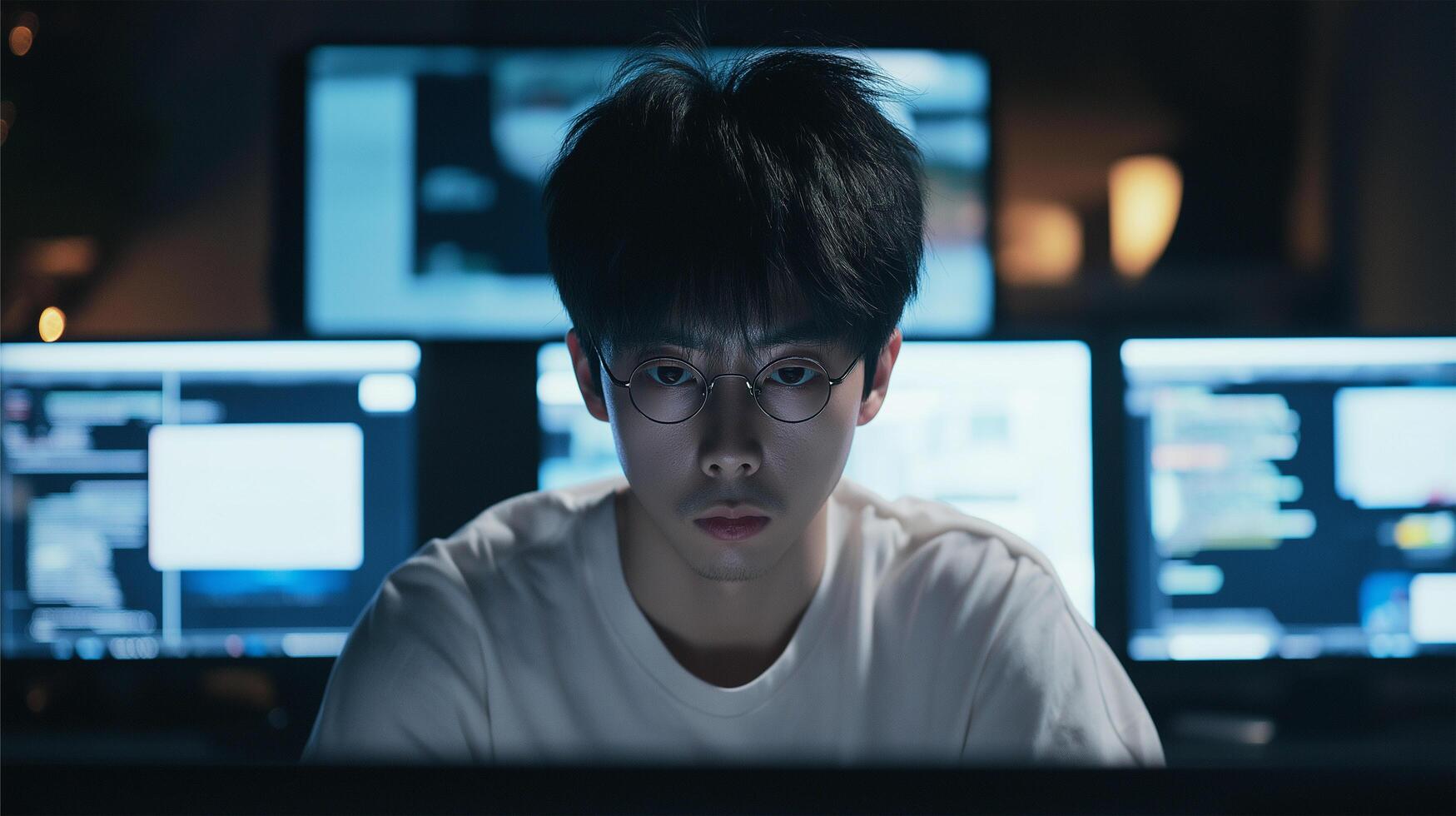 Software developer coding in a dark office HD Background, Luxury hd wallpaper Image, Popular high resolution Desktop Background photo
