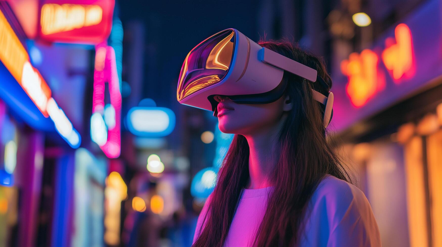A girl wearing VR headset exploring a digital world HD Background, Luxury hd wallpaper Image, Trendy Background illustration photo