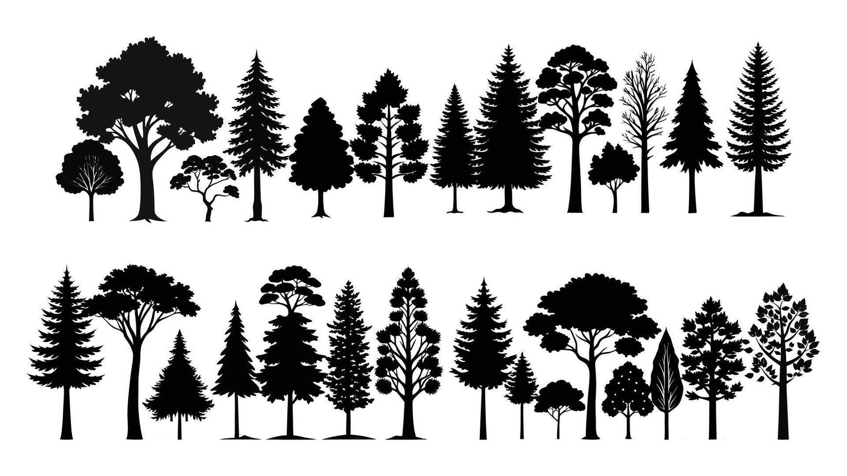 silhouettes of trees, including pine, palm, and oak, illustrate a diverse set of black plants in a forest nature design, trees silhouette vector