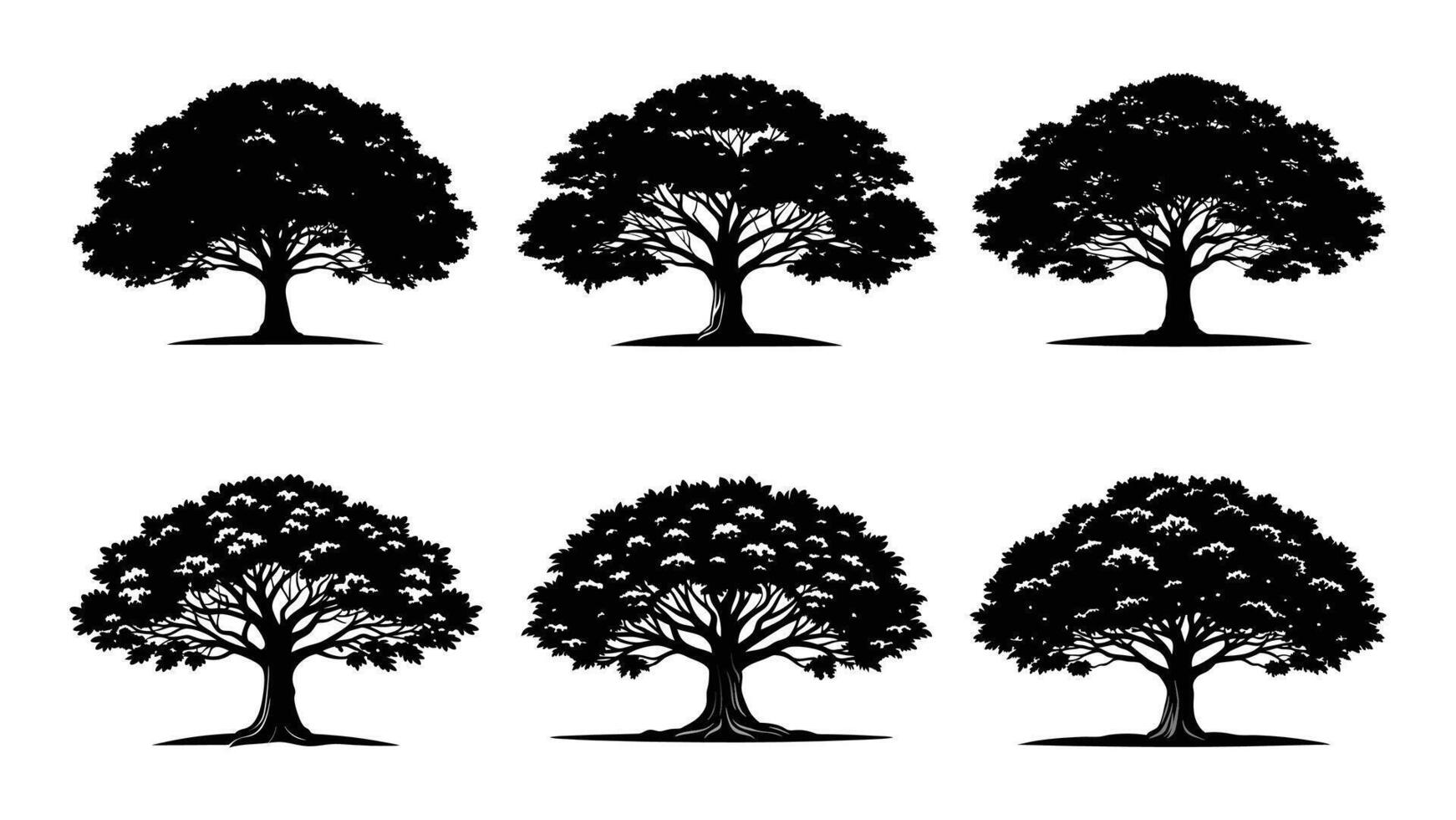 collection of big trees black silhouette on white background, set of trees silhouettes vector